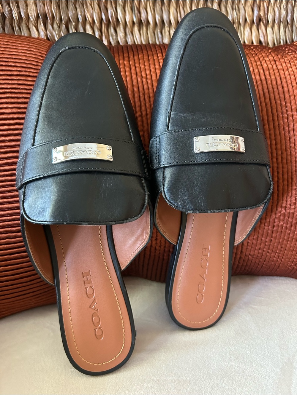 Coach Black Leather Slip-On Backless Loafers - Picture 2 of 4
